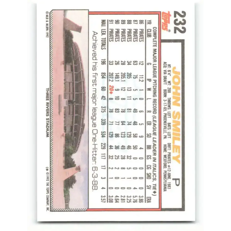 1992 Topps #232 John Smiley NM-MT Pittsburgh Pirates Baseball Card - Baseball Card Single