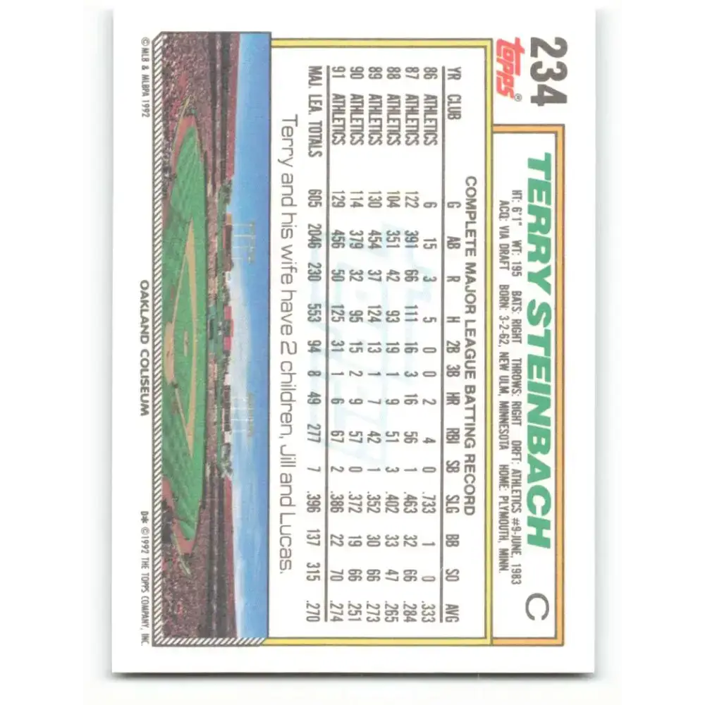 1992 Topps #234 Terry Steinbach NM-MT Oakland Athletics Baseball Card - Baseball Card Single