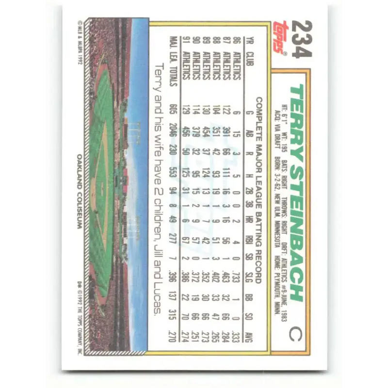 1992 Topps #234 Terry Steinbach NM-MT Oakland Athletics Baseball Card - Baseball Card Single