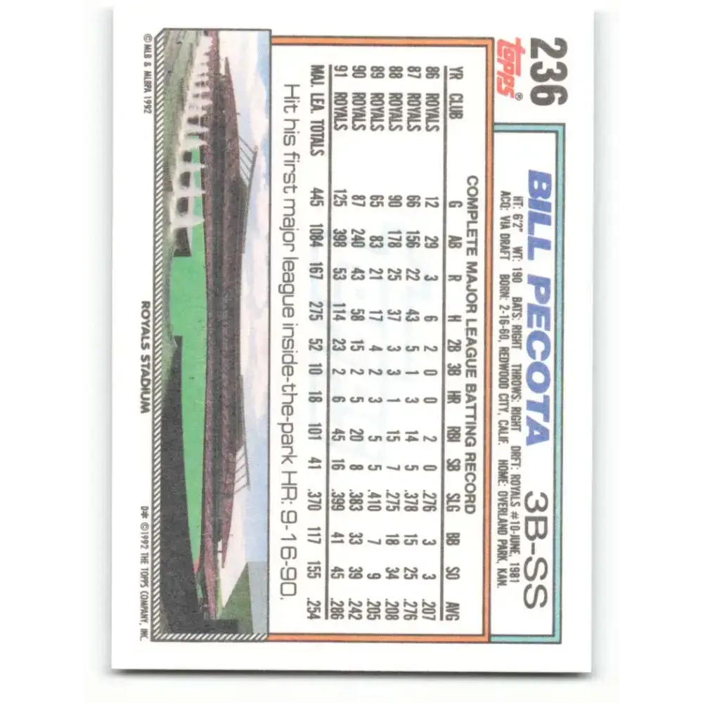 1992 Topps #236 Bill Pecota NM-MT Kansas City Royals Baseball Card - Baseball Card Single