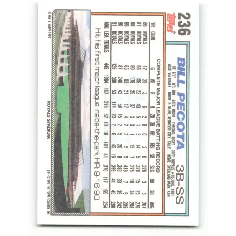 1992 Topps #236 Bill Pecota NM-MT Kansas City Royals Baseball Card - Baseball Card Single