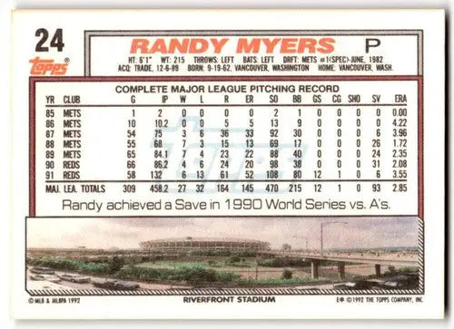 1992 Topps #24 Randy Myers NM Near Mint Reds ID:43501 - Baseball Card Single