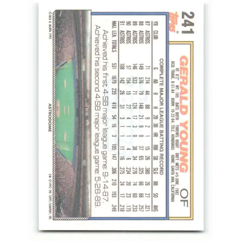 1992 Topps #241 Gerald Young NM-MT Houston Astros Baseball Card - Baseball Card Single