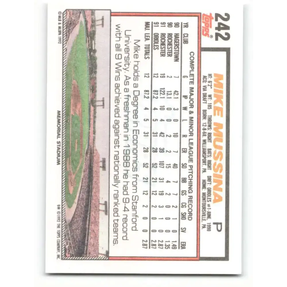 1992 Topps #242 Mike Mussina EX Excellent Baltimore Orioles Baseball Card - Baseball Card