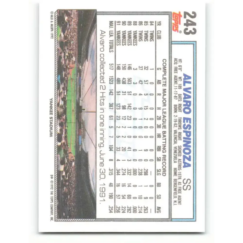 1992 Topps #243 Alvaro Espinoza NM-MT New York Yankees Baseball Card