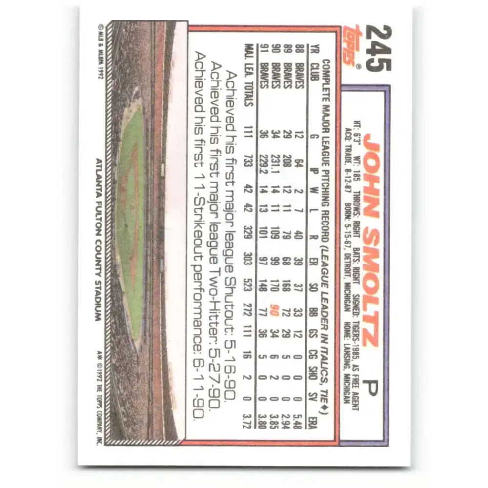 1992 Topps #245 John Smoltz NM-MT Atlanta Braves Baseball Card - Baseball Card Single