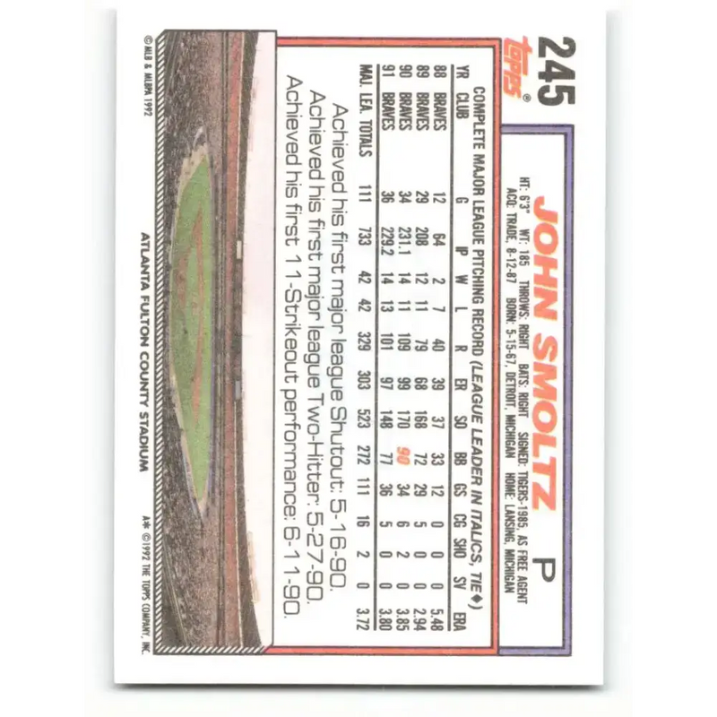1992 Topps #245 John Smoltz NM-MT Atlanta Braves Baseball Card - Baseball Card Single