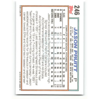 1992 Topps #246 Jason Pruitt EX Excellent RC Rookie Kansas City Royals Baseball Card - Baseball Card