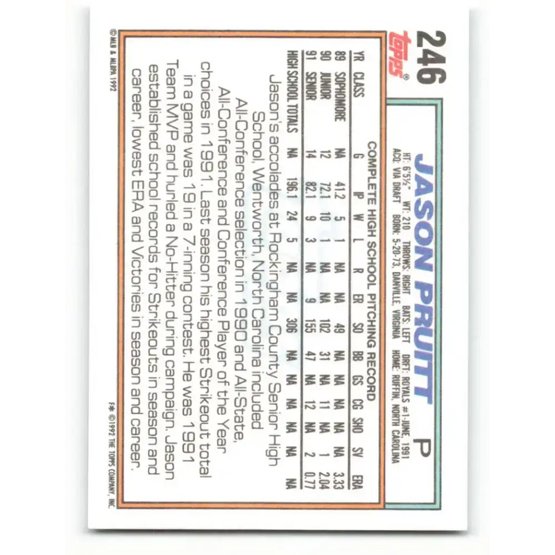 1992 Topps #246 Jason Pruitt NM-MT RC Rookie Kansas City Royals Baseball Card - Baseball Card Single