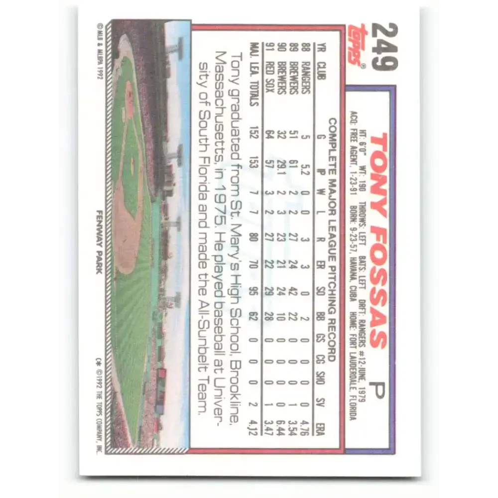 1992 Topps #249 Tony Fossas NM-MT Boston Red Sox Baseball Card - Baseball Card Single