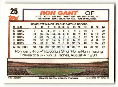 1992 Topps #25 Ron Gant Atlanta Braves Baseball Cards EX/NM ID:55893 - Baseball Card Single