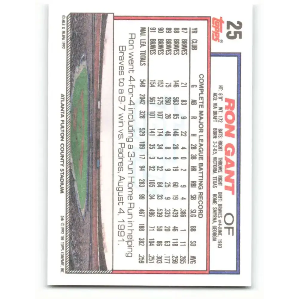 1992 Topps #25 Ron Gant NM-MT Atlanta Braves Baseball Card - Baseball Card Single