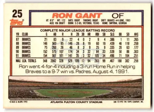 Original gloss Ron Gant baseball card from 1992 Topps #25 featuring Braves ID 43485