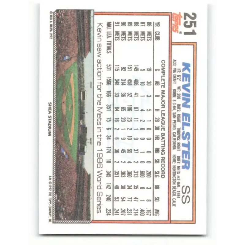 1992 Topps #251 Kevin Elster NM-MT New York Mets Baseball Card - Baseball Card Single