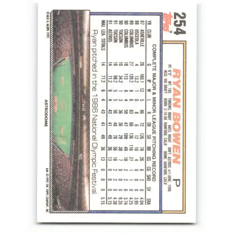 1992 Topps #254 Ryan Bowen NM-MT Houston Astros Baseball Card - Baseball Card Single