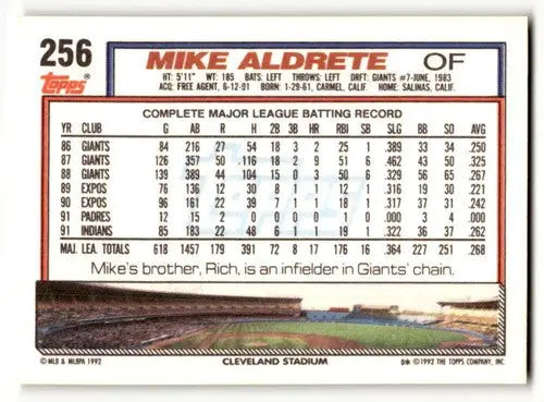 1992 Topps #256 Mike Aldrete Cleveland Indians Baseball Cards EX/NM ID:61122 - Baseball Card Single
