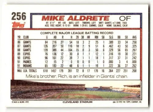 1992 Topps #256 Mike Aldrete Cleveland Indians Baseball Cards EX/NM ID:55882 - Baseball Card Single