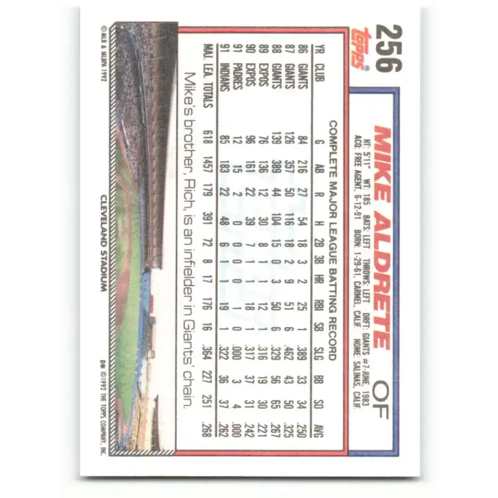 1992 Topps #256 Mike Aldrete NM-MT Cleveland Indians Baseball Card - Baseball Card Single