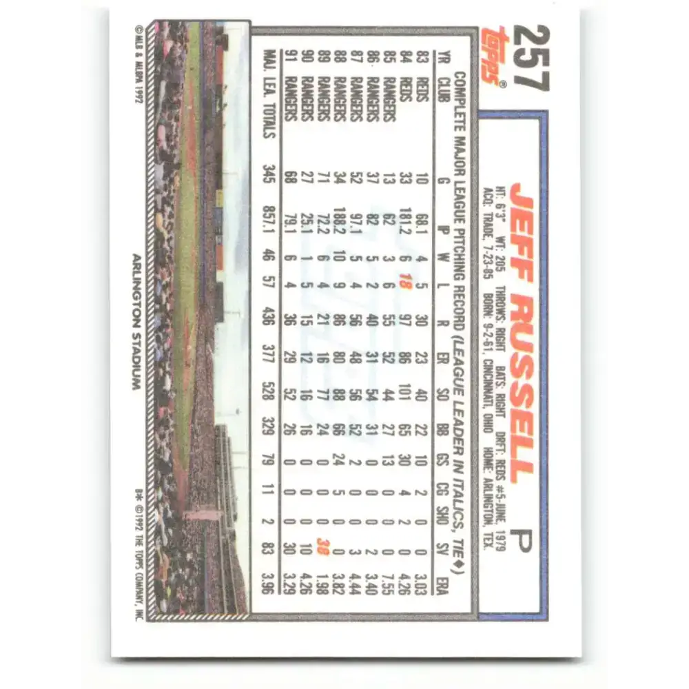 1992 Topps #257 Jeff Russell NM-MT Texas Rangers Baseball Card - Baseball Card Single