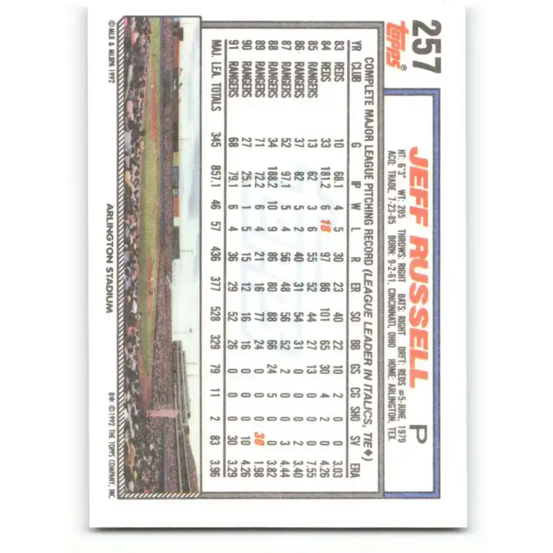 1992 Topps #257 Jeff Russell NM-MT Texas Rangers Baseball Card - Baseball Card Single