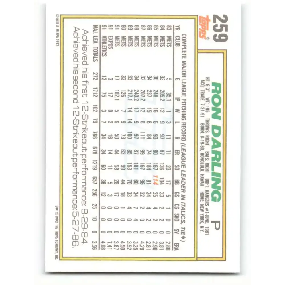 1992 Topps #259 Ron Darling NM-MT Oakland Athletics Baseball Card - Baseball Card Single
