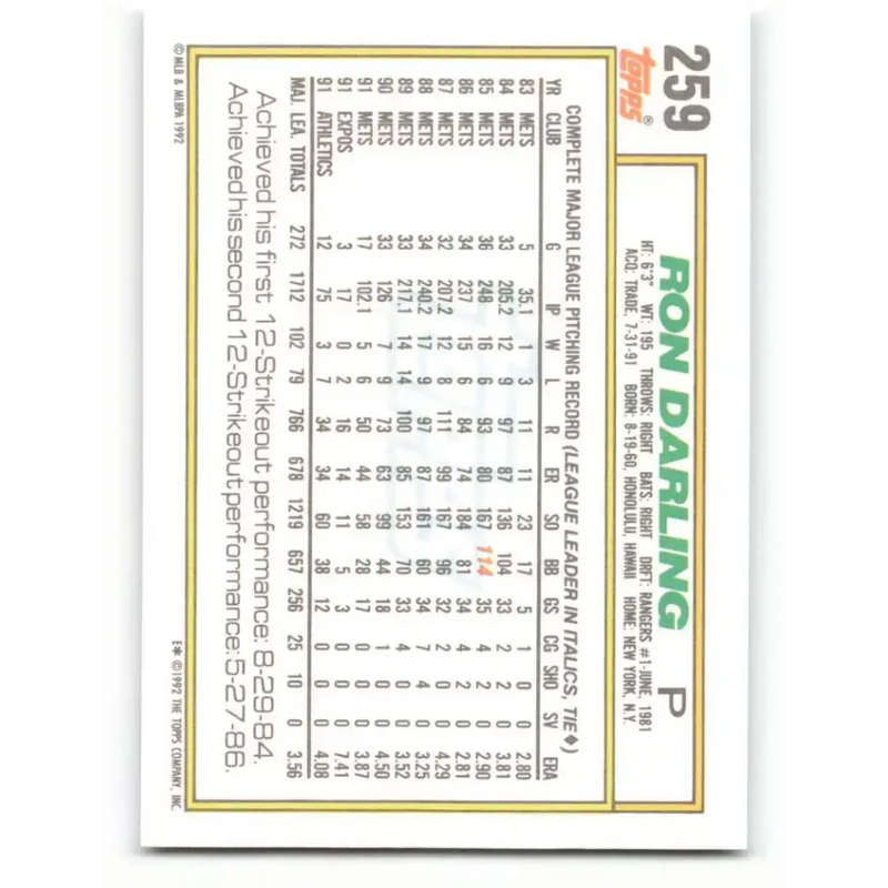 1992 Topps #259 Ron Darling NM-MT Oakland Athletics Baseball Card - Baseball Card Single