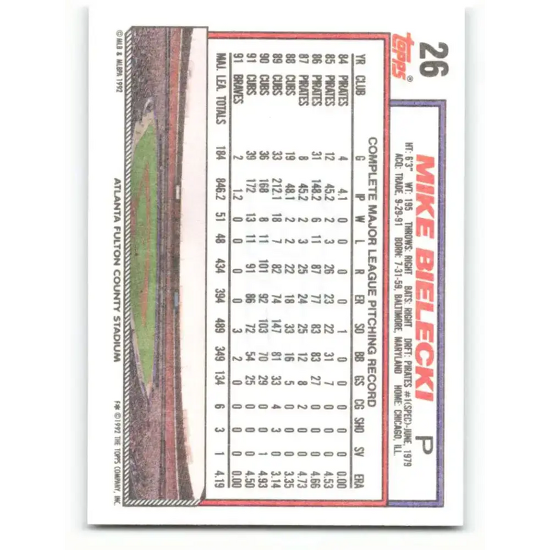 1992 Topps #26 Mike Bielecki NM-MT Atlanta Braves Baseball Card - Baseball Card Single