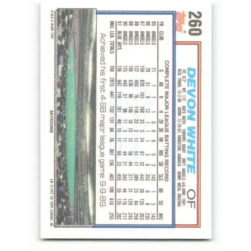 1992 Topps #260 Devon White NM-MT Toronto Blue Jays Baseball Card - Baseball Card Single