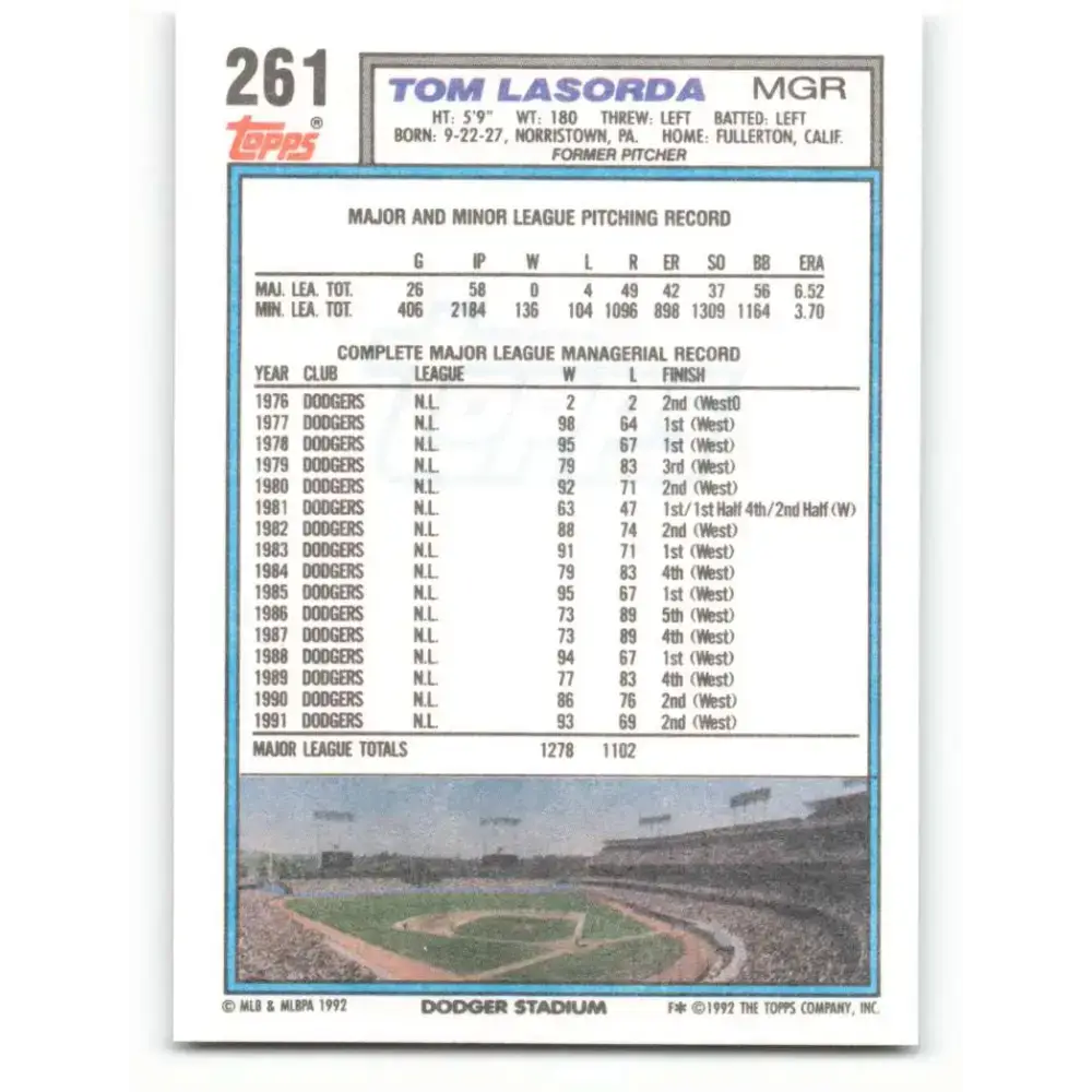 1992 Topps #261 Tommy Lasorda NM-MT Los Angeles Dodgers Baseball Card - Baseball Card Single