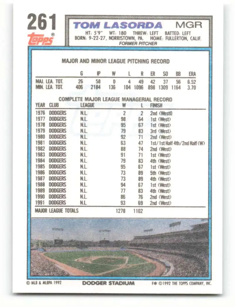1992 Topps #261 Tommy Lasorda NM Near Mint Dodgers MG ID:81527 - Baseball Card Single