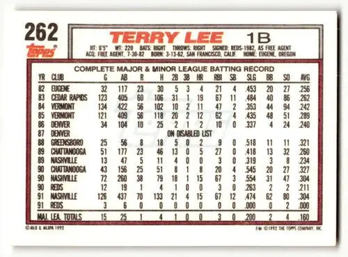 1992 Topps #262 Terry Lee Cincinnati Reds Baseball Cards EX/NM ID:55883 - Baseball Card Single