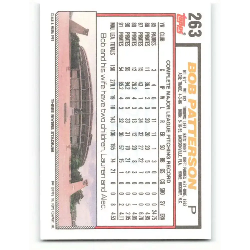 1992 Topps #263 Bob Patterson NM-MT Pittsburgh Pirates Baseball Card - Baseball Card Single