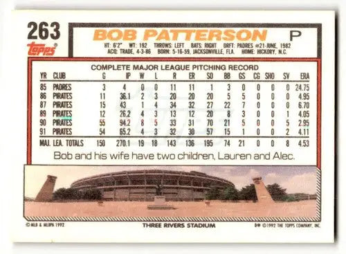 1992 Topps #263 Bob Patterson Pittsburgh Pirates Baseball Cards EX/N ID:61133 - Baseball Card Single