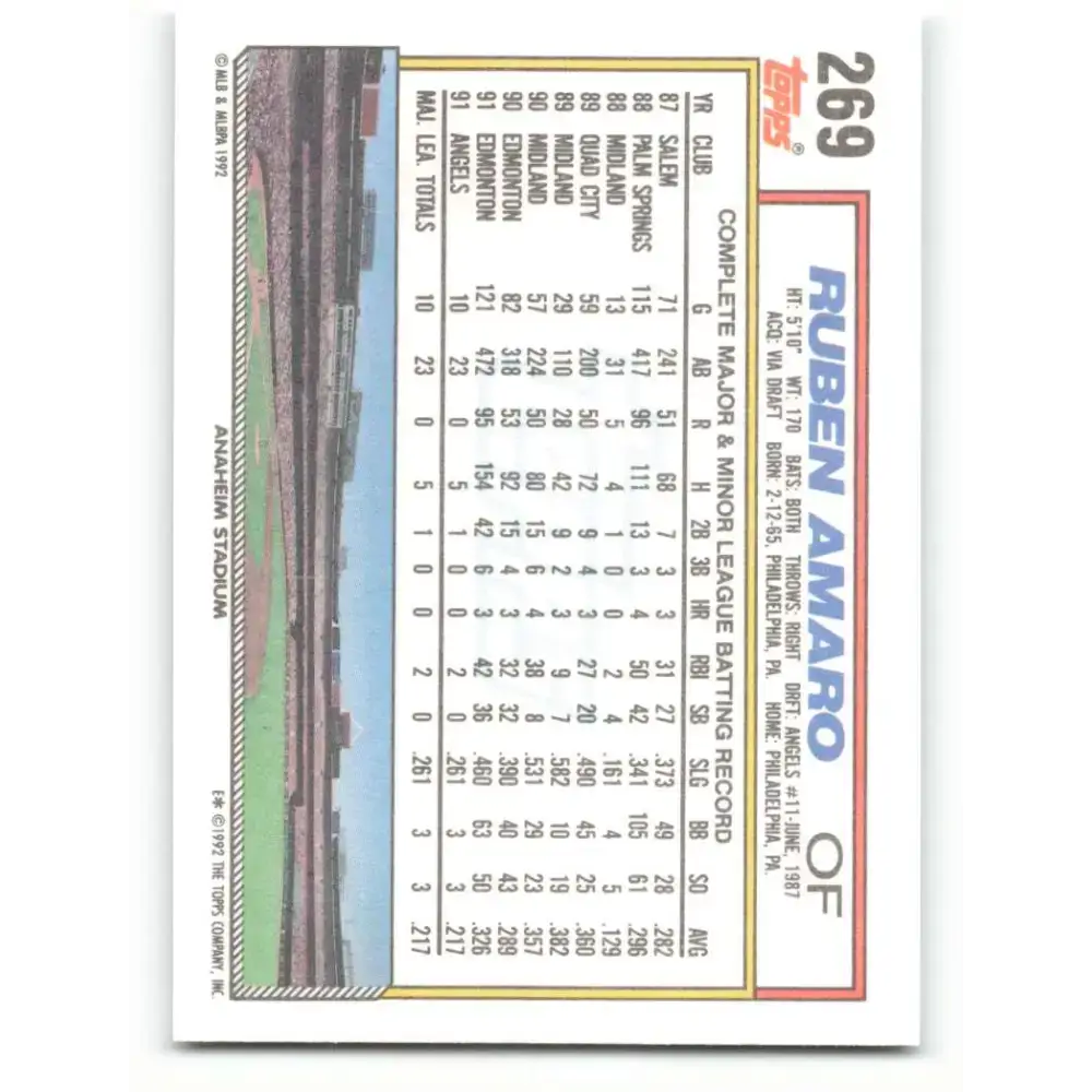 1992 Topps #269 Ruben Amaro NM-MT California Angels Baseball Card - Baseball Card Single