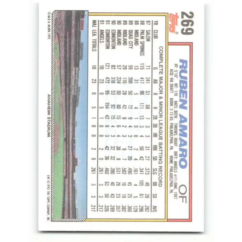 1992 Topps #269 Ruben Amaro NM-MT California Angels Baseball Card - Baseball Card Single