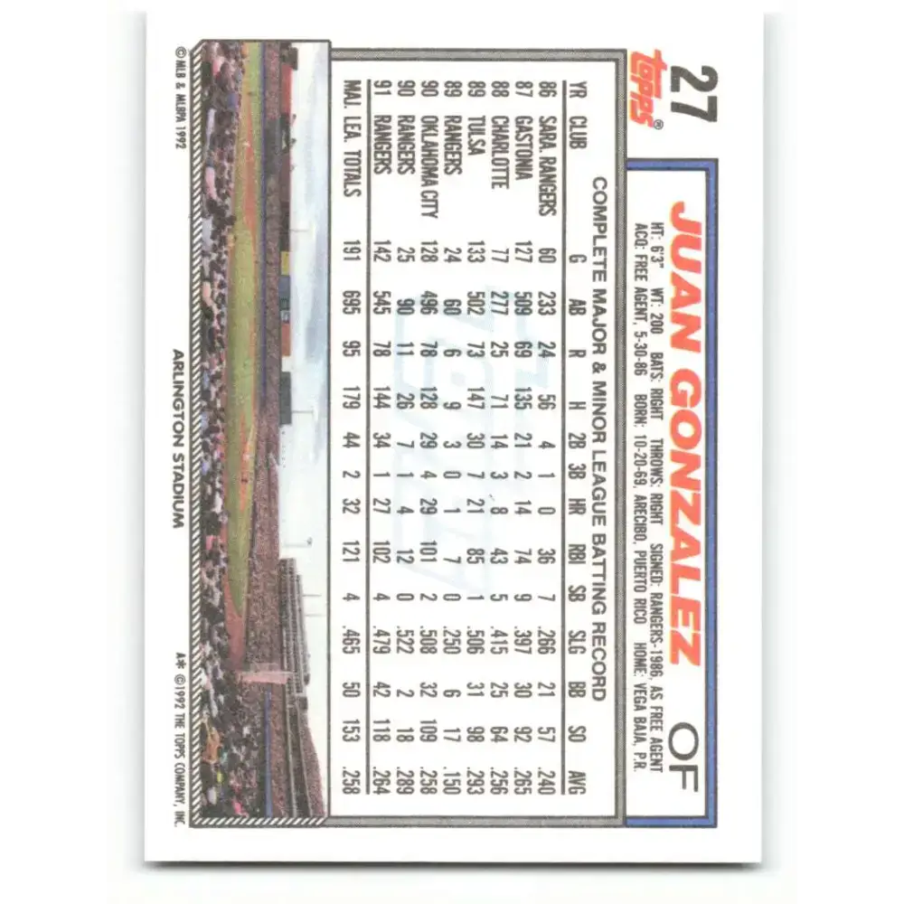 1992 Topps #27 Juan Gonzalez EX Excellent Texas Rangers Baseball Card - Baseball Card