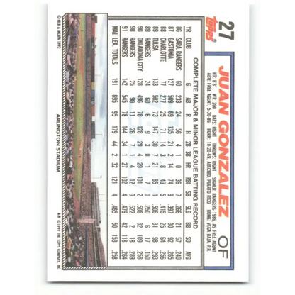 1992 Topps #27 Juan Gonzalez EX Excellent Texas Rangers Baseball Card - Baseball Card