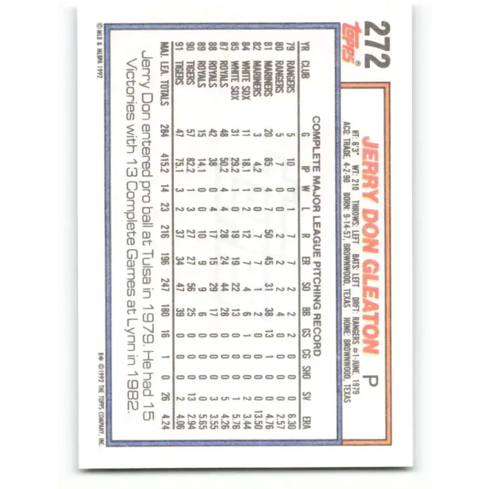 1992 Topps #272 Jerry Don Gleaton NM-MT Detroit Tigers Baseball Card - Baseball Card Single
