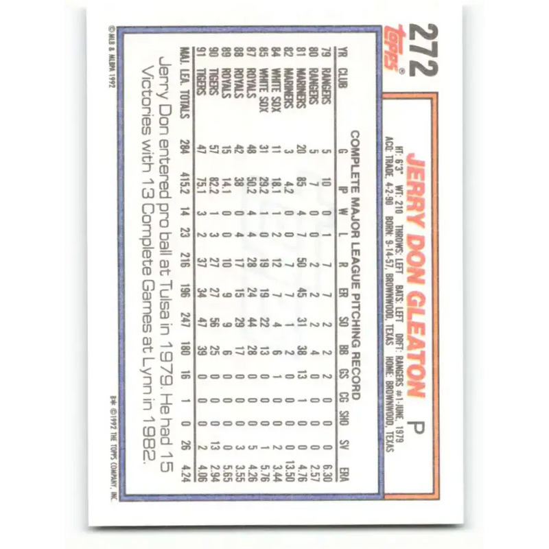 1992 Topps #272 Jerry Don Gleaton NM-MT Detroit Tigers Baseball Card - Baseball Card Single