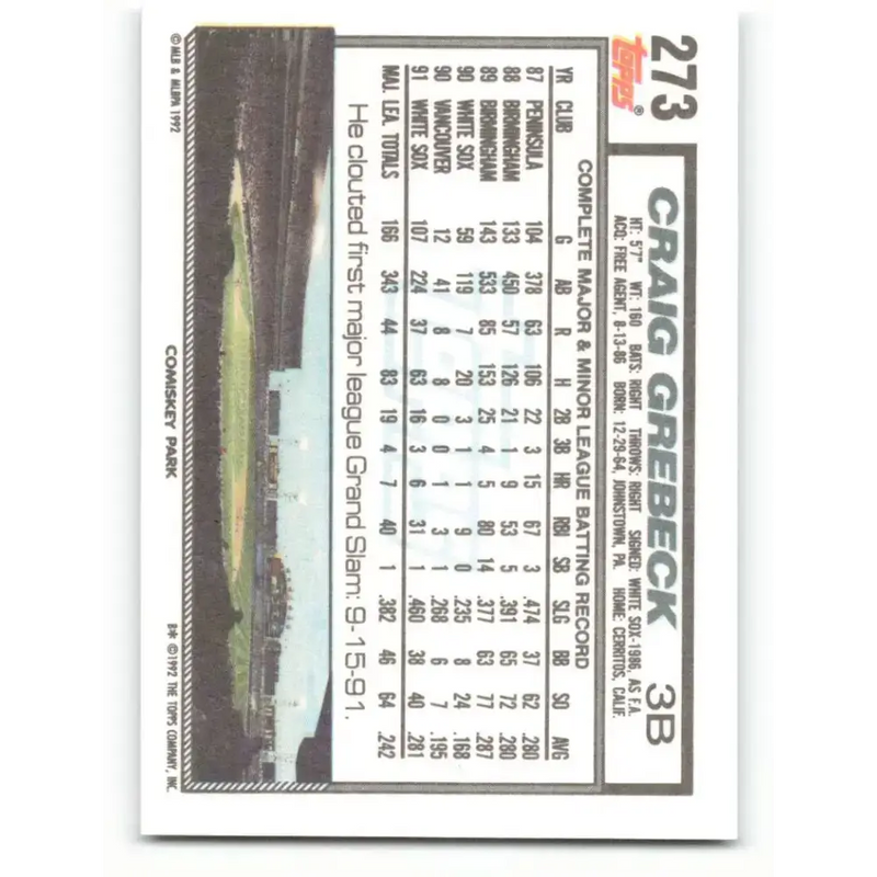 1992 Topps #273 Craig Grebeck NM-MT Chicago White Sox Baseball Card - Baseball Card Single