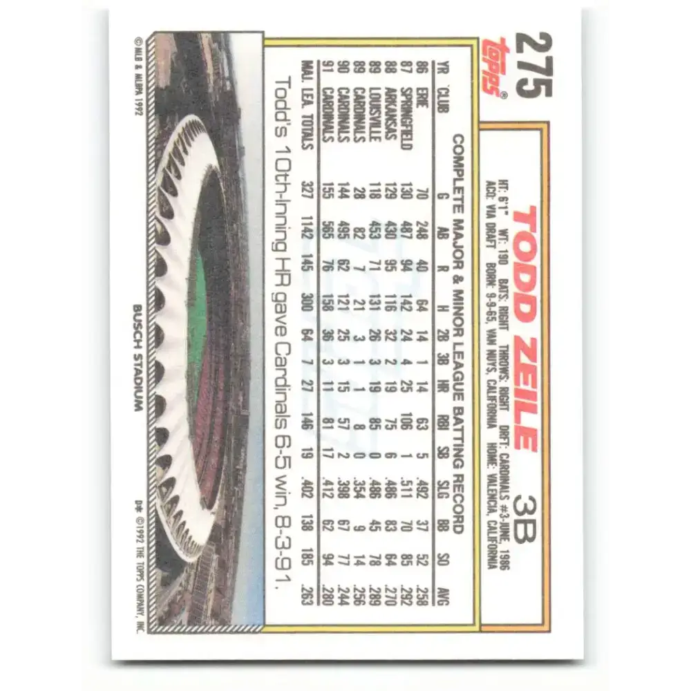 1992 Topps #275 Todd Zeile NM-MT St. Louis Cardinals Baseball Card - Baseball Card Single