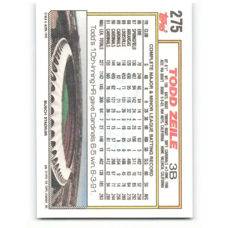 1992 Topps #275 Todd Zeile NM-MT St. Louis Cardinals Baseball Card - Baseball Card Single