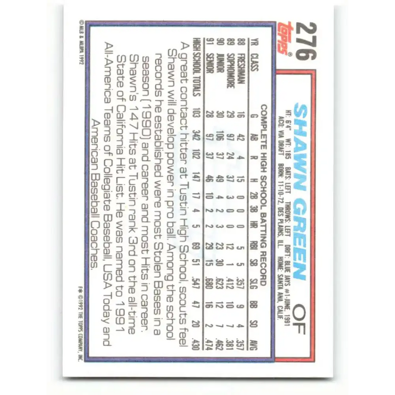 1992 Topps #276 Shawn Green EX Excellent RC Rookie Toronto Blue Jays Baseball Card