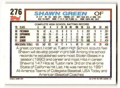 1992 Topps #276 Shawn Green Toronto Blue Jays Baseball Cards EX/NM ID:61155 - Baseball Card Single