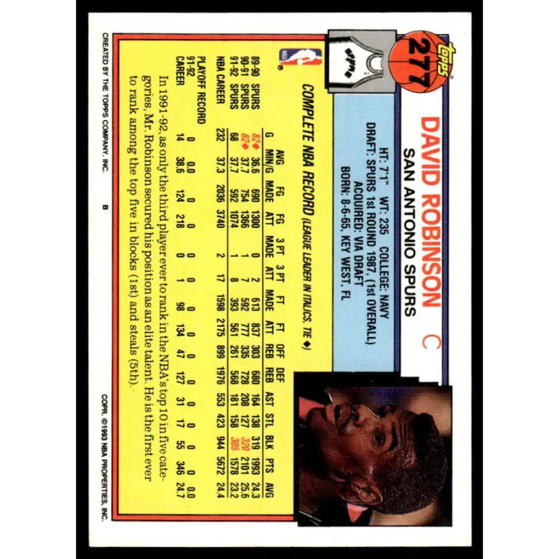 1992 Topps #277 David Robinson NM/MT San Antonio Spurs Basketball Card - Basketball Card Single