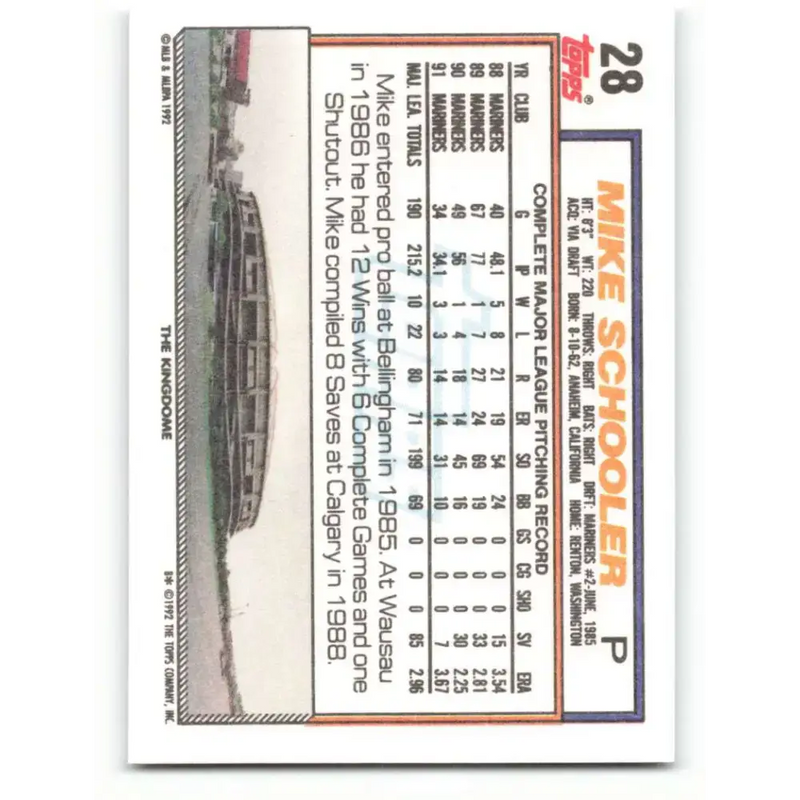 1992 Topps #28 Mike Schooler EX Excellent Seattle Mariners Baseball Card - Baseball Card Single