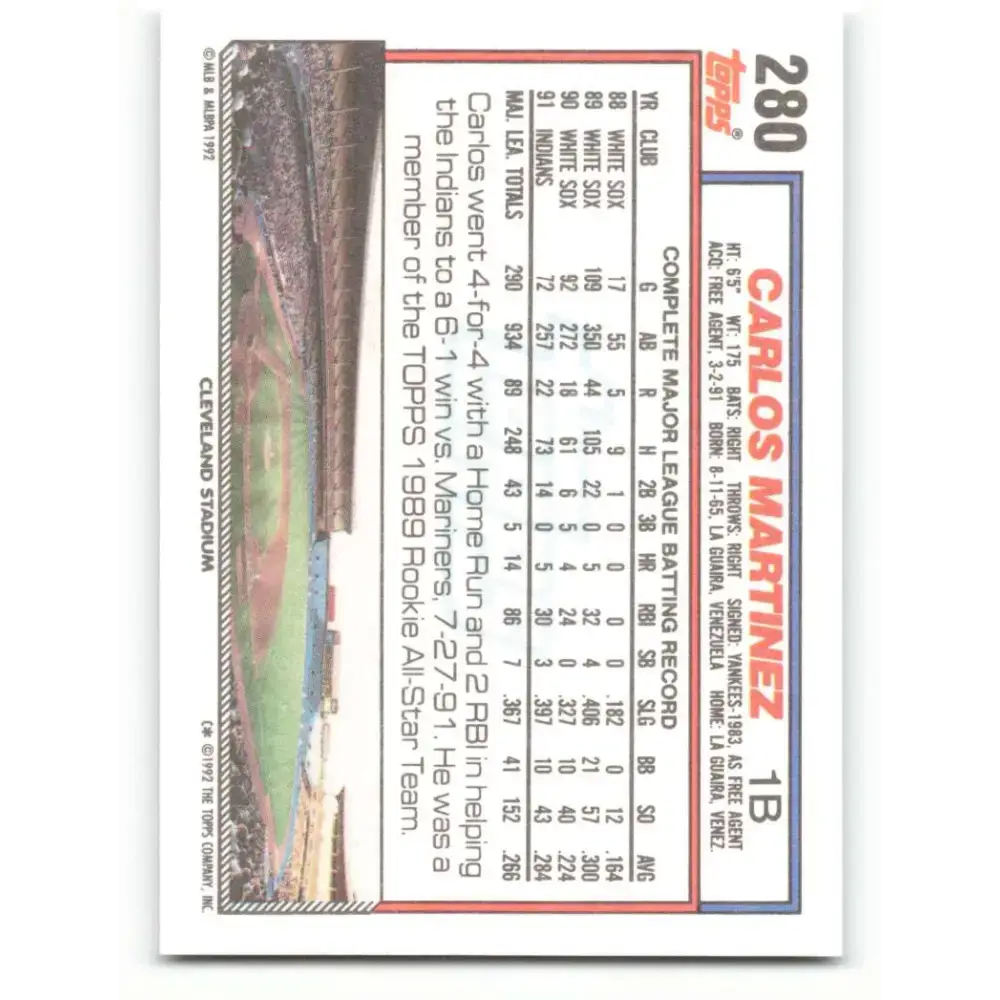 1992 Topps #280 Carlos Martinez NM-MT Cleveland Indians Baseball Card - Baseball Card Single