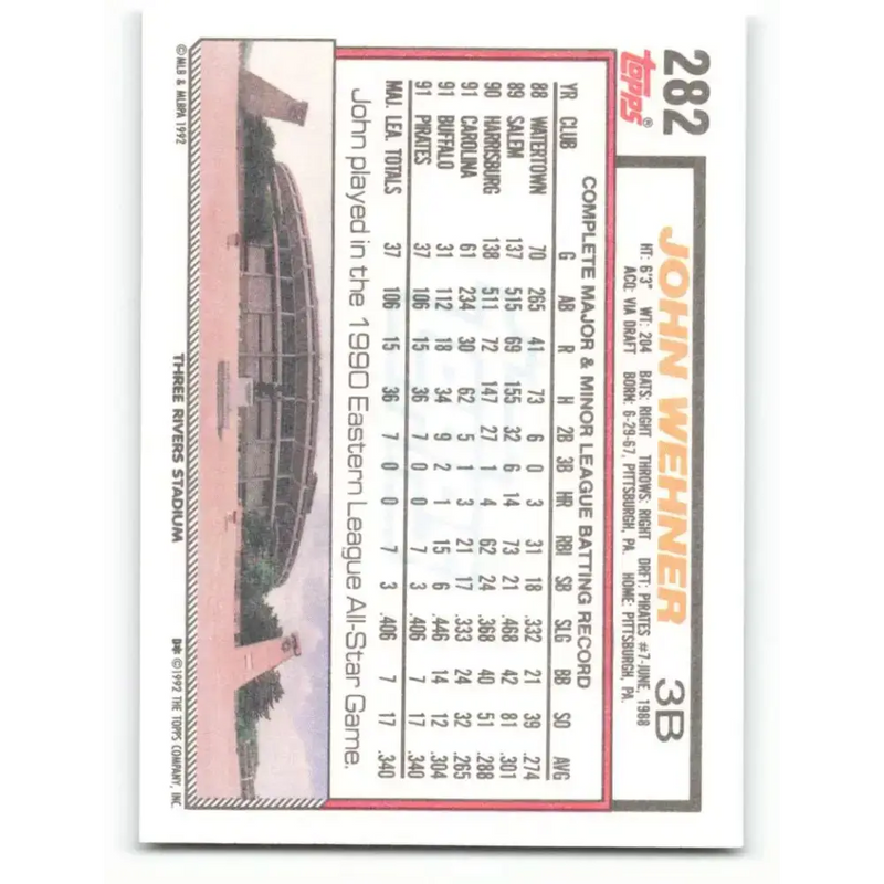 1992 Topps #282 John Wehner NM-MT Pittsburgh Pirates Baseball Card - Baseball Card Single