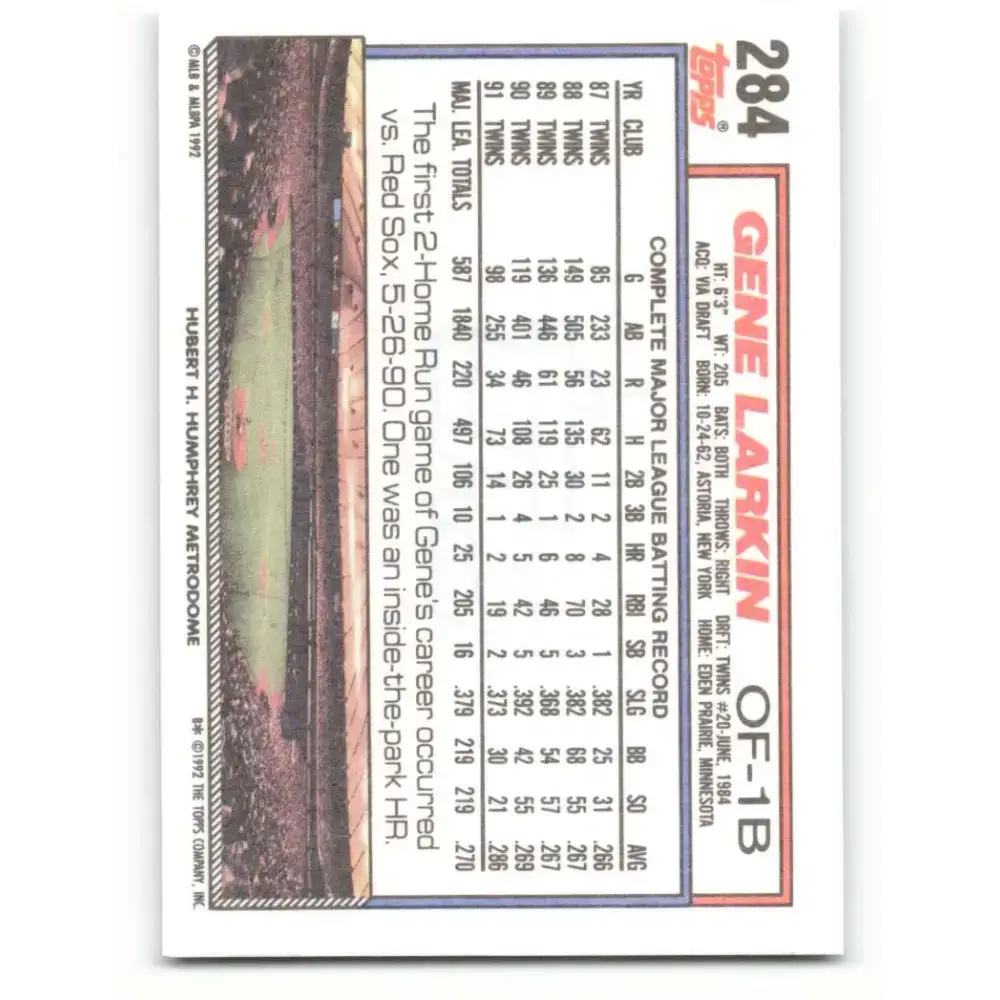 1992 Topps #284 Gene Larkin NM-MT Minnesota Twins Baseball Card - Baseball Card Single