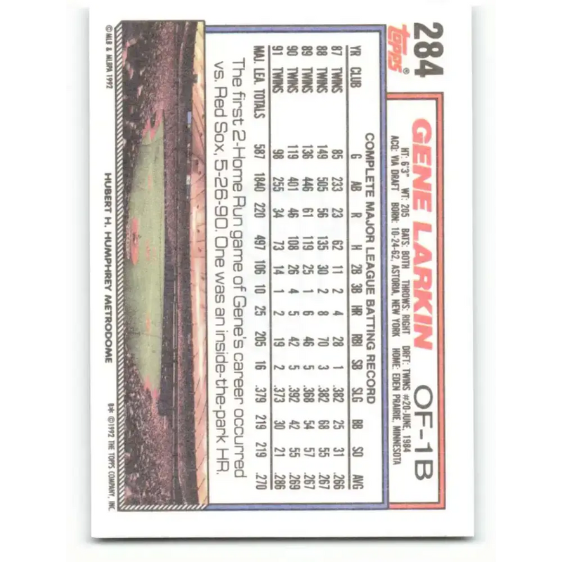 1992 Topps #284 Gene Larkin NM-MT Minnesota Twins Baseball Card - Baseball Card Single